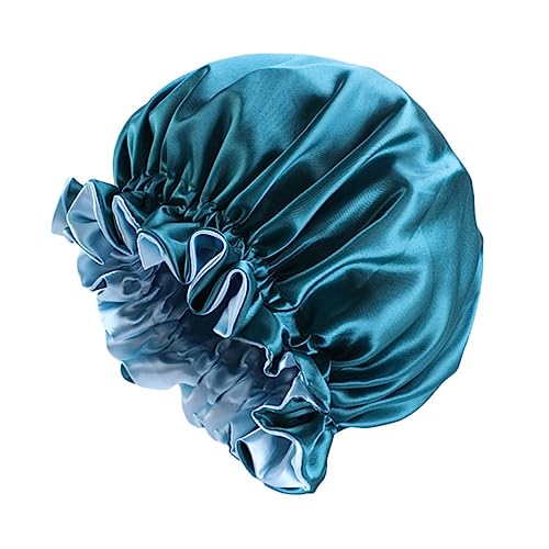 VICASKY Doppellagige Satin Schlafhaube Für Frauen Große Runde Mütze Nachtschlafmütze Aus Satin Schönheitsmütze Hauben Für Frauen Pfauenblau von VICASKY