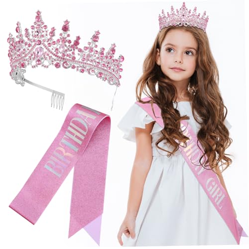 VICASKY Geburtstagskrone und Verstellbare Schärpe mit Funkelnden Strasssteinen Leichtes Tiara für Mädchen und Frauen Vielseitiges Party Accessoire für Geburtstagsfeiern Hochzeiten und von VICASKY