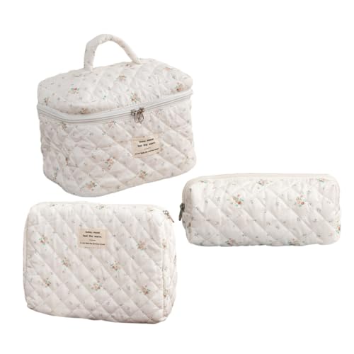 VICASKY 3stücke Teiliges Set Gepolsterte Kosmetiktaschen Blumenmuster Große Reise-toilettentaschen Aus Baumwolle Für Damen Und Mädchen Inklusive Handtasche Mittelgroßer Tasche Und von VICASKY