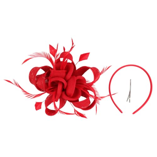 VICASKY Retro Fascinator Haarreif Damen mit Mesh Garn Eleganter Kopfschmuck für Hochzeit Cocktail Teeparty und Kostüm Roter Headband für Festliche Anlässe von VICASKY