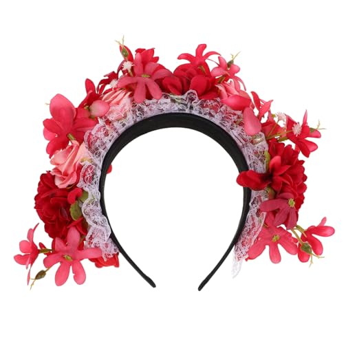 VICASKY Rotes Rosen-blumen-stirnband Für Damen Blumenhaarband Mit Naturgetreuen Blumen Stirnband Für Halloween-partys Und Festliche Anlässe Ethno-design Blumenkranz Stirnband von VICASKY