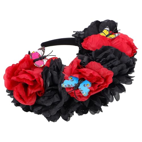 VICASKY Stirnband aus künstlichen Blumen Tag der toten Blume Stirnband mexikanisches Kostüm für Damen Party-Schmetterlings-Kopfschmuck Blumenkronenstirnband Plastik Black von VICASKY