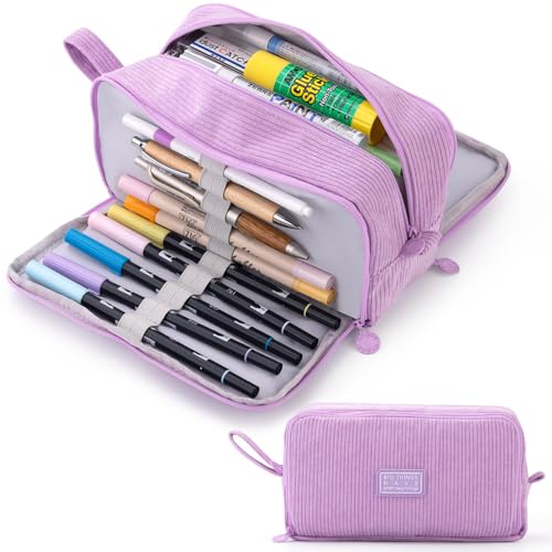 VICDUEKG Federmäppchen aus Cord-Stoff Federtaschen Mäppchen mit 3 Fächer Schulmäppchen Große Kapazität Stiftetasche Pencil Case für Schule & Büro (Lila) von VICDUEKG