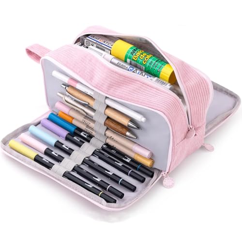 VICDUEKG Federmäppchen aus Cord-Stoff Federtaschen Mäppchen mit 3 Fächer Schulmäppchen Große Kapazität Stiftetasche Pencil Case für Schule & Büro (Rosa) von VICDUEKG