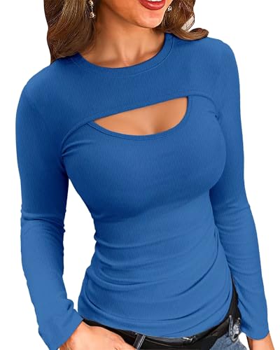 VICHYIE Damen Langarm Shirt Trendiges Ribbed Einfärbig Basic enganliehendes Unterhemd Top,Blau,S von VICHYIE