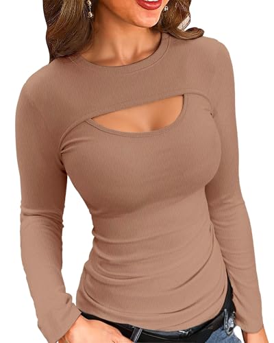 VICHYIE Damen Langarm Shirt Trendiges Ribbed Einfärbig Basic enganliehendes Unterhemd Top,Kaki,S von VICHYIE