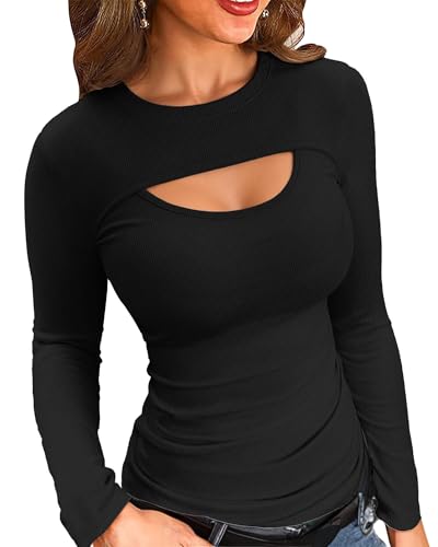 VICHYIE Damen Langarm Shirt Trendiges Ribbed Einfärbig Basic enganliehendes Unterhemd Top,Schwarz,XL von VICHYIE