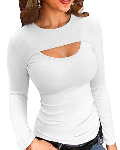 VICHYIE Damen Langarm Shirt Trendiges Ribbed Einfärbig Basic enganliehendes Unterhemd Top,Weiß,S von VICHYIE
