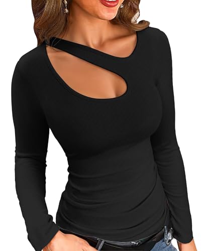 VICHYIE Damen Langarmshirt mit Asymmetrischem Cut - Out Detail, Ribbe Knit Trendiges Basic Top,Schwarz,S von VICHYIE