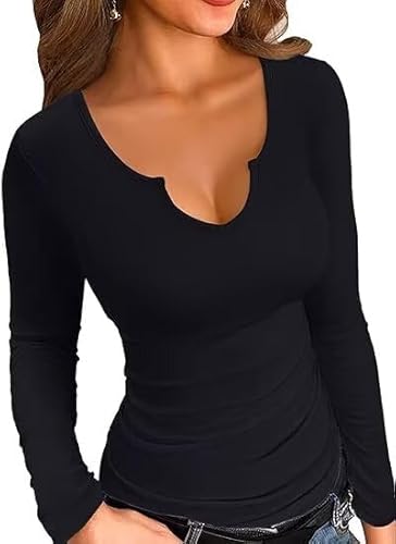 VICHYIE Damen-Oberteile langärmig, V-Ausschnitt, lässiger Stil, schlank sitzend Hemden,Schwarz,M von VICHYIE