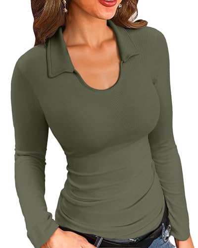 VICHYIE Damen Polo Kragen Langarmshirt Schlanker Passform Einfarbig Basic Oberteil,Militärgelbgrün,XL von VICHYIE