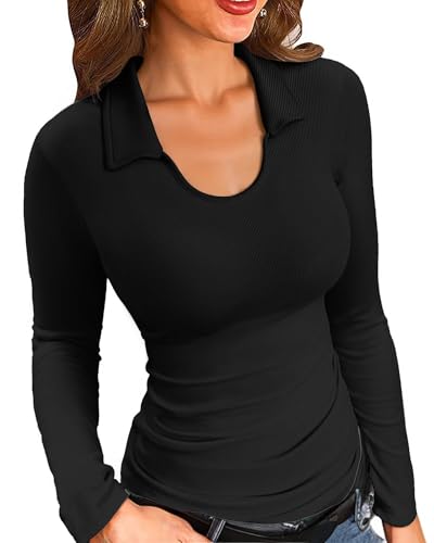 VICHYIE Damen Polo Kragen Langarmshirt Schlanker Passform Einfarbig Basic Oberteil,Schwarz,S von VICHYIE