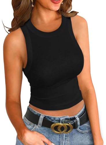 VICHYIE Damen Sommer Einfarbig Kurze Crop Ärmellose High Neck Slim Fit Basic Gerippt T Shirt Tanktop, Schwarz, M VICHYIE Damen Sommer Einfarbig Kurze Crop Ärmellose High Neck Slim Fit Basic Gerippt T Shirt Tanktop, Schwarz, M von VICHYIE