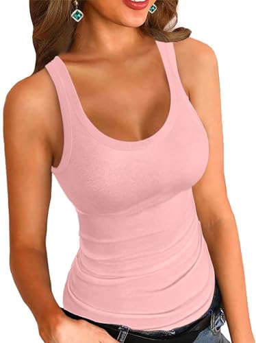 VICHYIE Damen Sommer Tank Tops Quadratischer Ausschnitt Ärmellos Low Cut Sexy Shirts Gerippt Slim Fitted Casual Basic Top Blusen, Helles Pink, Klein von VICHYIE