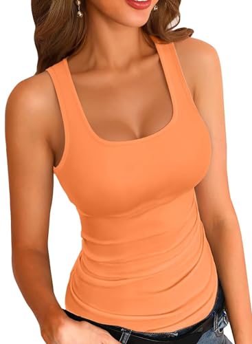 VICHYIE Damen-Sommer-Tanktop, quadratischer Ausschnitt, ärmellos, tiefer Schnitt, sexy Hemd, gerippt, enganliegend, lässig, Basic-T-Shirt, Orange/Abendrot im Zickzackmuster (Sunset Chevron), Klein von VICHYIE