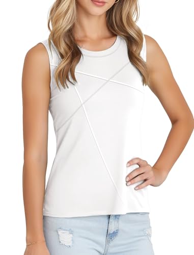 VICHYIE Damen Sommer ärmellos Rundhalsausschnitt Y2K locker und bequem Einfarbig Basic T-Shirt Tank Tops, Weiß, L von VICHYIE