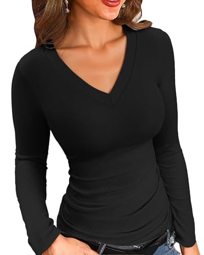VICHYIE Damen V-Ausschnitt langärmliges Shirt Top schlanker Passform Basic Oberteil,Schwarz,XL von VICHYIE