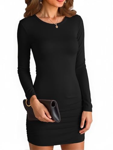 VICHYIE Damenkleid mit Ausschnitt am Hals, gerippt, eng anliegend, Langarm, Mid-Thigh-Länge, eng geschnitten, Knieoberhalbende Länge,Schwarz,XS von VICHYIE