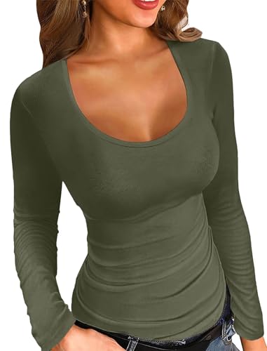 VICHYIE Herbst/Winter Damen Rundhals Top Lange Ärmel Rippstrick Schlank Sitzend Leger Basic, Armee Grün, M von VICHYIE