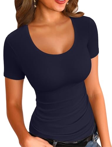 VICHYIE Sommer Rundhalsausschnitt Slim Fit Elegant Casua Einfarbig Stretch Gerippt Basic Damen Oberteile Kurzarm T-Shirt, Dunkelblau, XL von VICHYIE
