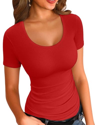 VICHYIE Sommer Rundhalsausschnitt Slim Fit Elegant Casua Einfarbig Stretch Gerippt Basic Damen Oberteile Kurzarm T-Shirt, Rot, XL von VICHYIE