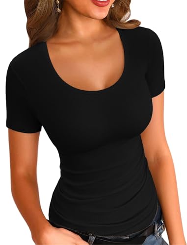 VICHYIE Sommer Rundhalsausschnitt Slim Fit Elegant Casua Einfarbig Stretch Gerippt Basic Damen Oberteile Kurzarm T-Shirt,Schwarz, XL von VICHYIE