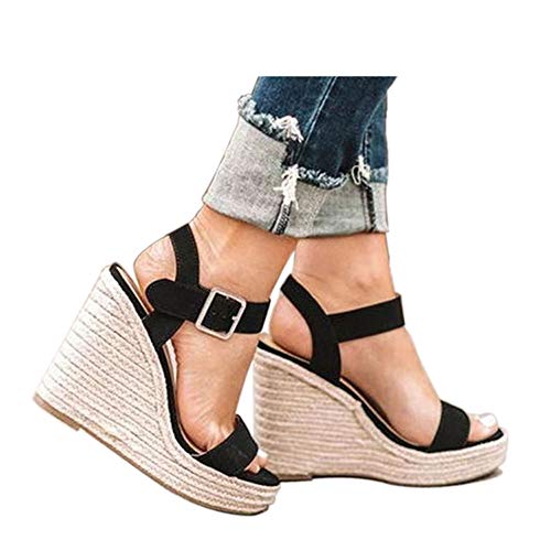 VICKI·VICKI Damen Plateau Sandalen Keilabsatz Knöchelriemen Offene Zehen Sandalen, Schwarz-1#, 40 EU von VICKI·VICKI