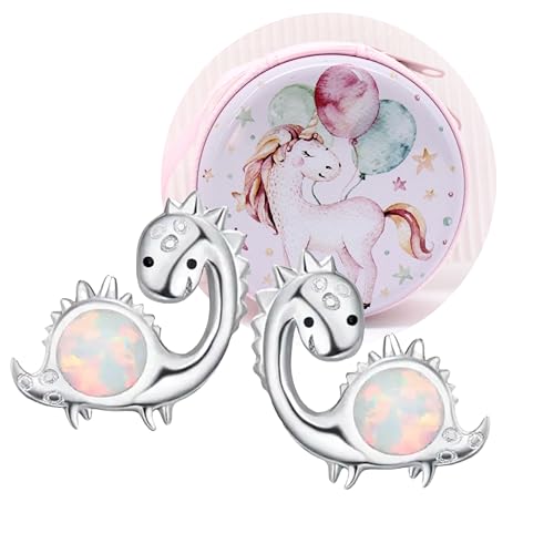 VICKWOOD 925 Dino Ohrringe aus echt 925 Silber Dinosaurier Ohrstecker mit Opal in Silber Geschenk für Kinder/Mädchen (Dino_Opal) von VICKWOOD