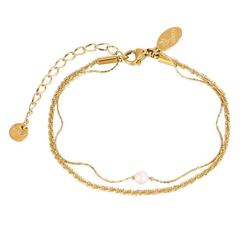 VICKWOOD Perlen-Layering Kette Damen Edelstahl 17 21 25 30 45 50 cm extra Lang Fußkettchen verstellbar Armband/Fussketten in Silber/Gold/Rosegold Wasserfest Schmuck für Frauen (Armband-gold) von VICKWOOD