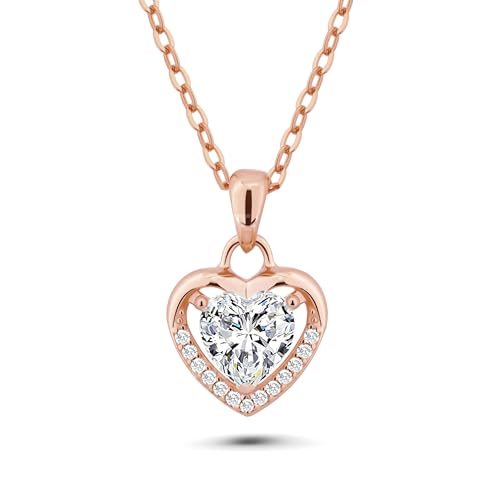VICKWOOD Halskette Damen Silber 925 Herzkette mit Anhänger Zirkonia in Blau/Weiß/Pink Schmuck Damen Geschenk für beste Freundin (R.gold-weiß) von VICKWOOD