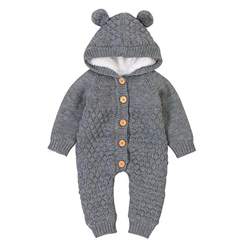 VICROAD Baby Strampler Gestrickter Overall Babykleidung Kapuze mit Süßen Ohren für Jungen Mädchen Neugeborene von VICROAD