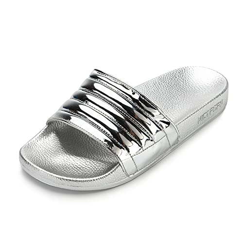 Damen Slides Hausschuhe Sommer Outdoor Strand Pool Sliders Home House Garden Rutschfest Flip Flop Open Toe Flach Damen Walking Sandalen, silber, 40 2/3 EU von VICT POPU