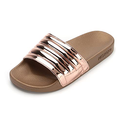 VICT POPU Damen Slides Badeschuhe Hausschuhe Badeschlappen Sommer Schlappen Gartenschuhe Rutschfeste Badelatschen Flach Strand Sandale Roségold 36 von VICT POPU