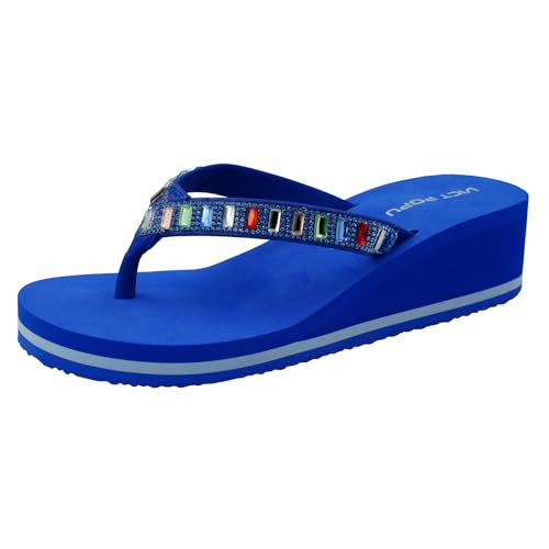 VICT POPU Flip Flops Damen Glitzer Keilsandalen Plateau Elegant Für Sommer Pantoletten Flach Rutschfeste Strand Zehentrenner Sandalen Blau EU 36 von VICT POPU