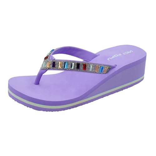 VICT POPU Flip Flops Damen Glitzer Keilsandalen Plateau Elegant Für Sommer Pantoletten Flach Rutschfeste Strand Zehentrenner Sandalen Hellviolett EU 39 von VICT POPU