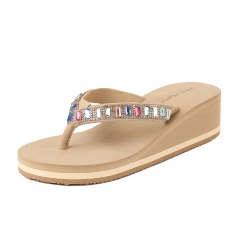 VICT POPU Flip Flops Damen Glitzer Keilsandalen Plateau Elegant Für Sommer Pantoletten Flach Rutschfeste Strand Zehentrenner Sandalen Khakifarbe EU 36 von VICT POPU