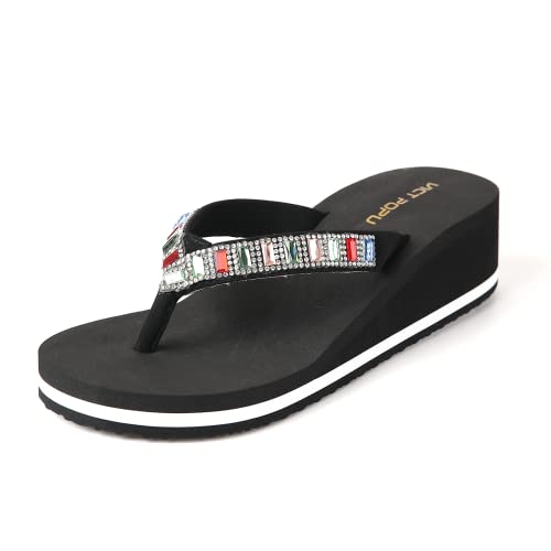 VICT POPU Flip Flops Damen Glitzer Keilsandalen Plateau Elegant Für Sommer Pantoletten Flach Rutschfeste Strand Zehentrenner Sandalen Schwarz EU 37 von VICT POPU