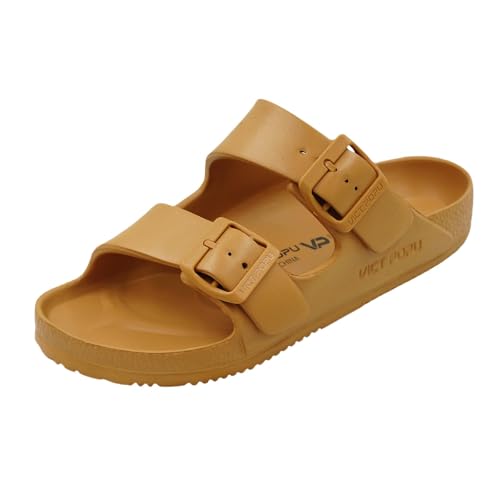VICT POPU Pantoletten Damen mit Fussbett Sandalen Flach Rutschfest Sommer Badelatschen Lässig EVA Slides Erwachsene Schlappen Tan 40 von VICT POPU