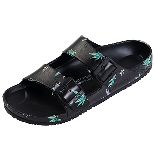 VICT POPU Pantoletten Damen mit Fussbett Sandalen Flach rutschfest Sommer Badelatschen Lässig Eva Slides Erwachsene Schlappen Ahornblatt Schwarz 36 von VICT POPU