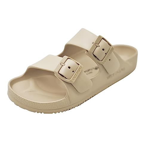 VICT POPU Pantoletten Damen mit Fussbett Sandalen Flach rutschfest Sommer Badelatschen Lässig Eva Slides Erwachsene Schlappen Beige 38 von VICT POPU