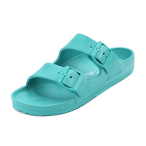 VICT POPU Pantoletten Damen mit Fussbett Sandalen Flach rutschfest Sommer Badelatschen Lässig Eva Slides Erwachsene Schlappen Blauer See 37 von VICT POPU