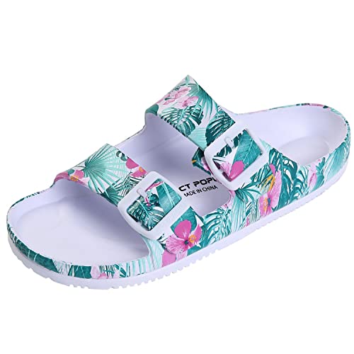 VICT POPU Pantoletten Damen mit Fussbett Sandalen Flach rutschfest Sommer Badelatschen Lässig Eva Slides Erwachsene Schlappen Blume Grün 36 von VICT POPU