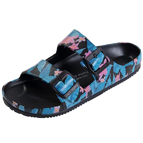 VICT POPU Pantoletten Damen mit Fussbett Sandalen Flach rutschfest Sommer Badelatschen Lässig Eva Slides Erwachsene Schlappen Blumensee Blau 36 von VICT POPU