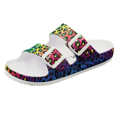 VICT POPU Pantoletten Damen mit Fussbett Sandalen Flach Rutschfest Sommer Badelatschen Lässig EVA Slides Erwachsene Schlappen Farbenfrohe Flecken 36 von VICT POPU