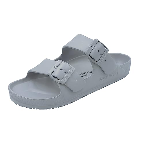 VICT POPU Pantoletten Damen mit Fussbett Sandalen Flach Rutschfest Sommer Badelatschen Lässig EVA Slides Erwachsene Schlappen Grau 38 von VICT POPU