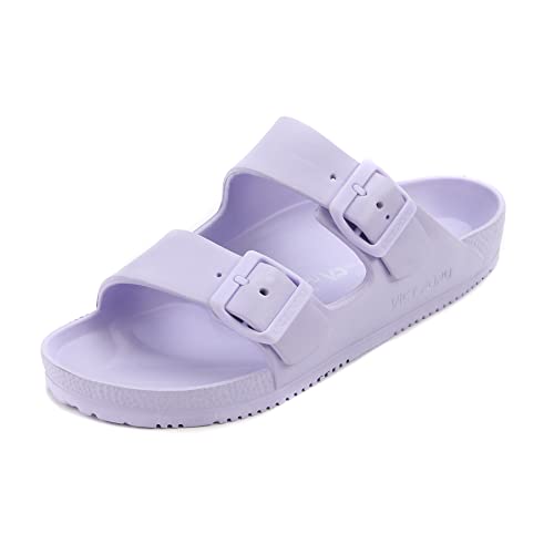 VICT POPU Pantoletten Damen mit Fussbett Sandalen Flach Rutschfest Sommer Badelatschen Lässig EVA Slides Erwachsene Schlappen Helles Lila 39 von VICT POPU