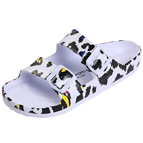 VICT POPU Pantoletten Damen mit Fussbett Sandalen Flach rutschfest Sommer Badelatschen Lässig Eva Slides Erwachsene Schlappen Leopard Weiß 36 von VICT POPU