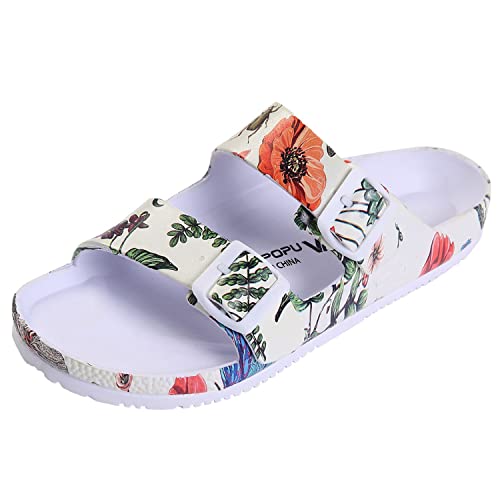 VICT POPU Pantoletten Damen mit Fussbett Sandalen Flach rutschfest Sommer Badelatschen Lässig Eva Slides Erwachsene Schlappen Libelle Beige 36 von VICT POPU