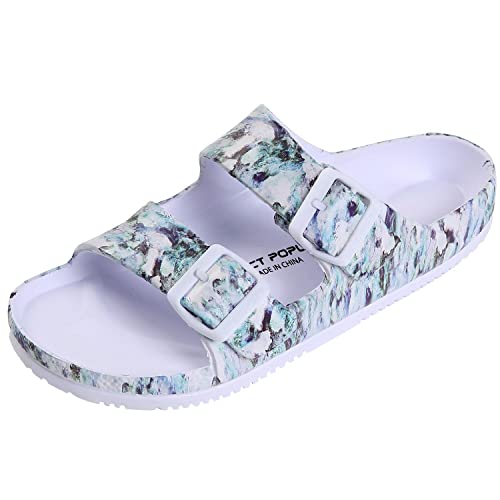 VICT POPU Pantoletten Damen mit Fussbett Sandalen Flach rutschfest Sommer Badelatschen Lässig Eva Slides Erwachsene Schlappen Marmoriertes Grün 38 von VICT POPU