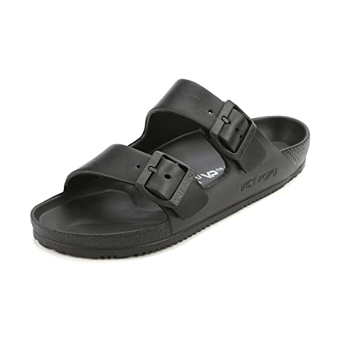 VICT POPU Pantoletten Damen mit Fussbett Sandalen Flach Rutschfest Sommer Badelatschen Lässig EVA Slides Erwachsene Schlappen Schwarz 39 von VICT POPU